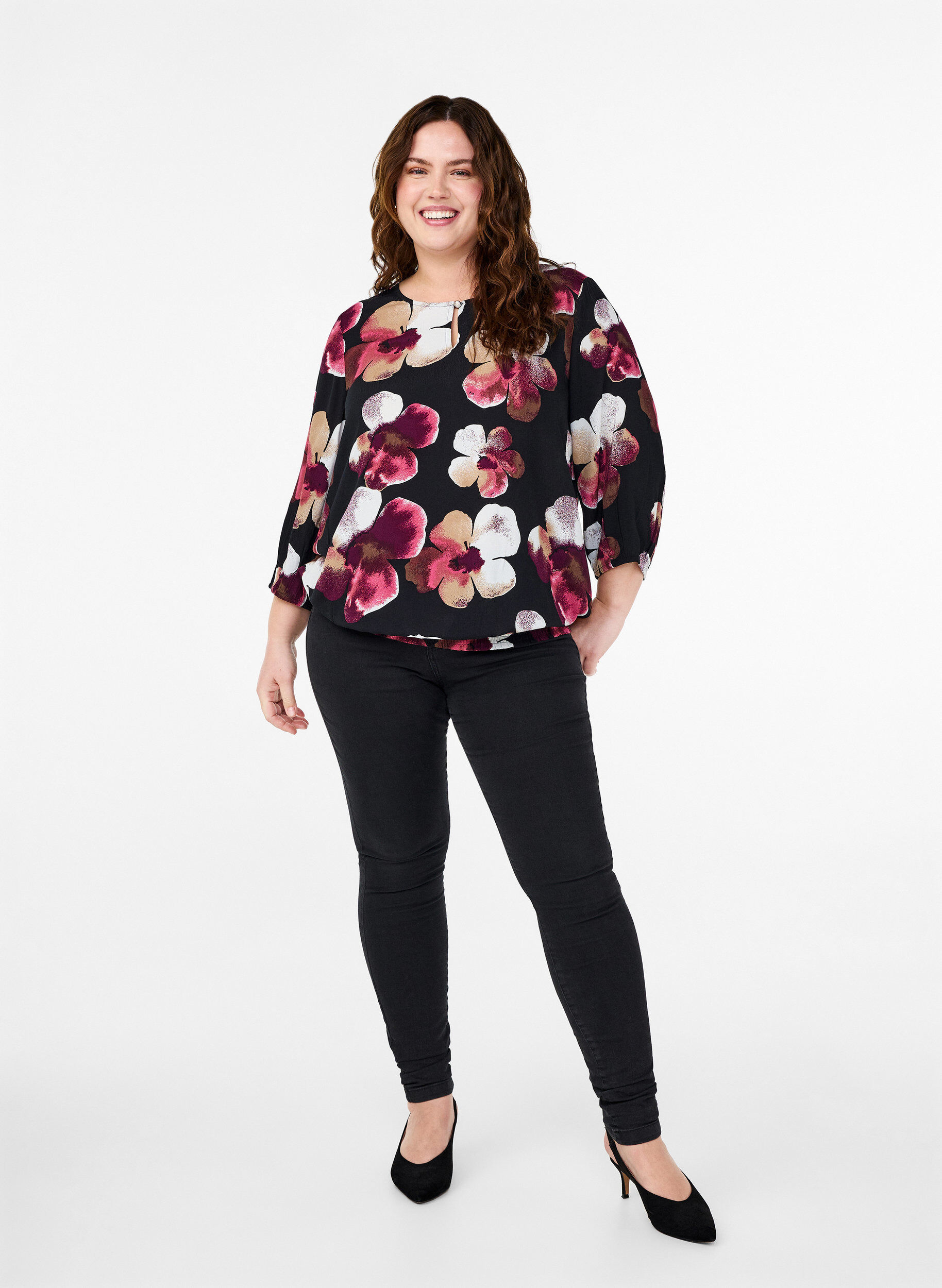 Zizzi  Viskosebluse mit Print und Kittel, Schwarz, Model image number 1