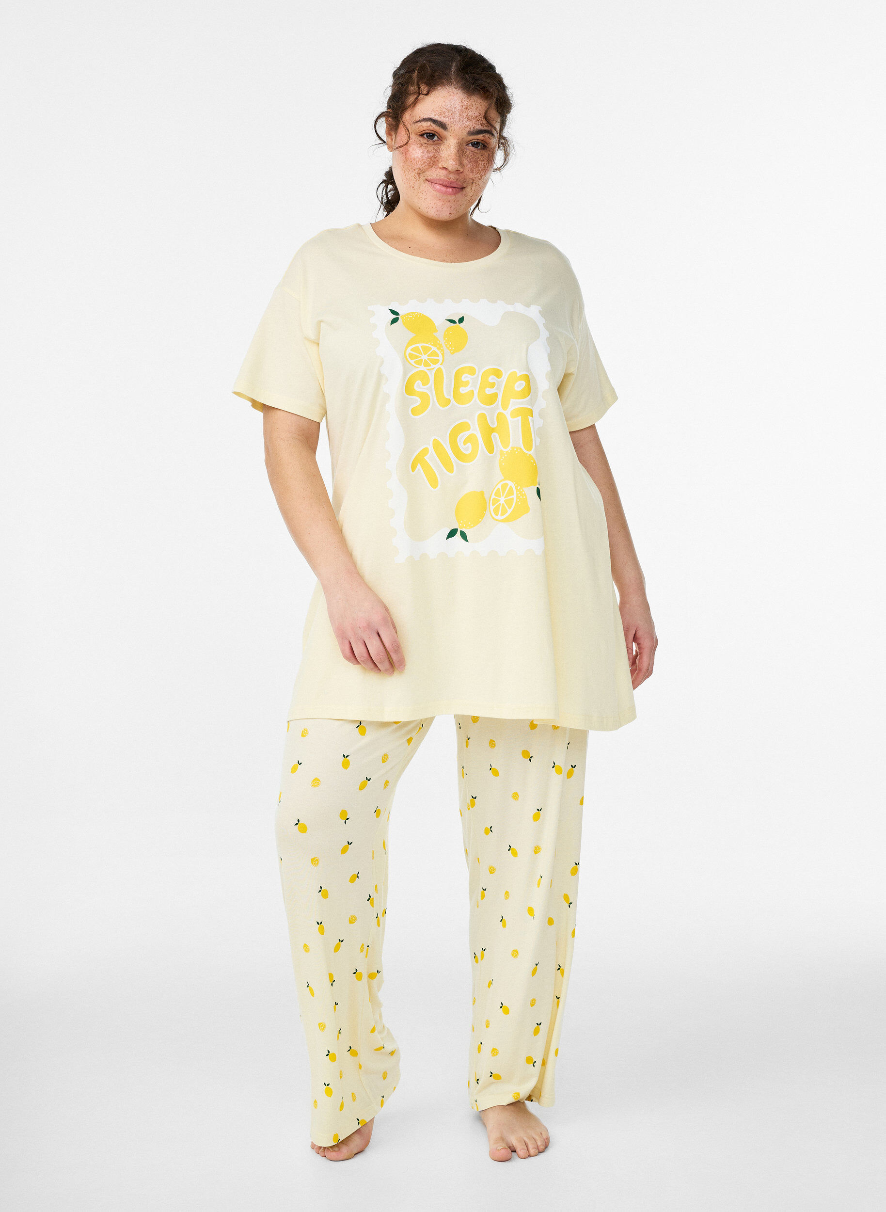 Zizzi Pyjamahose aus weichem Jersey mit hoher Taille und Frucht-Print, Gelb, Model image number 0