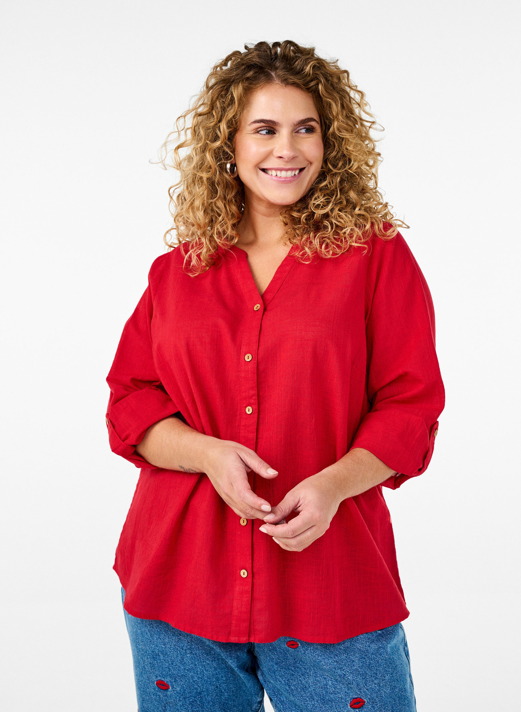 ZizziBaumwollbluse mit V-Ausschnitt, Rot, Model image number 0