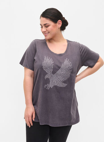 Acid Wash T-Shirt aus Baumwolle mit Ziersteinen, Dark Grey Wash, Model image number 0