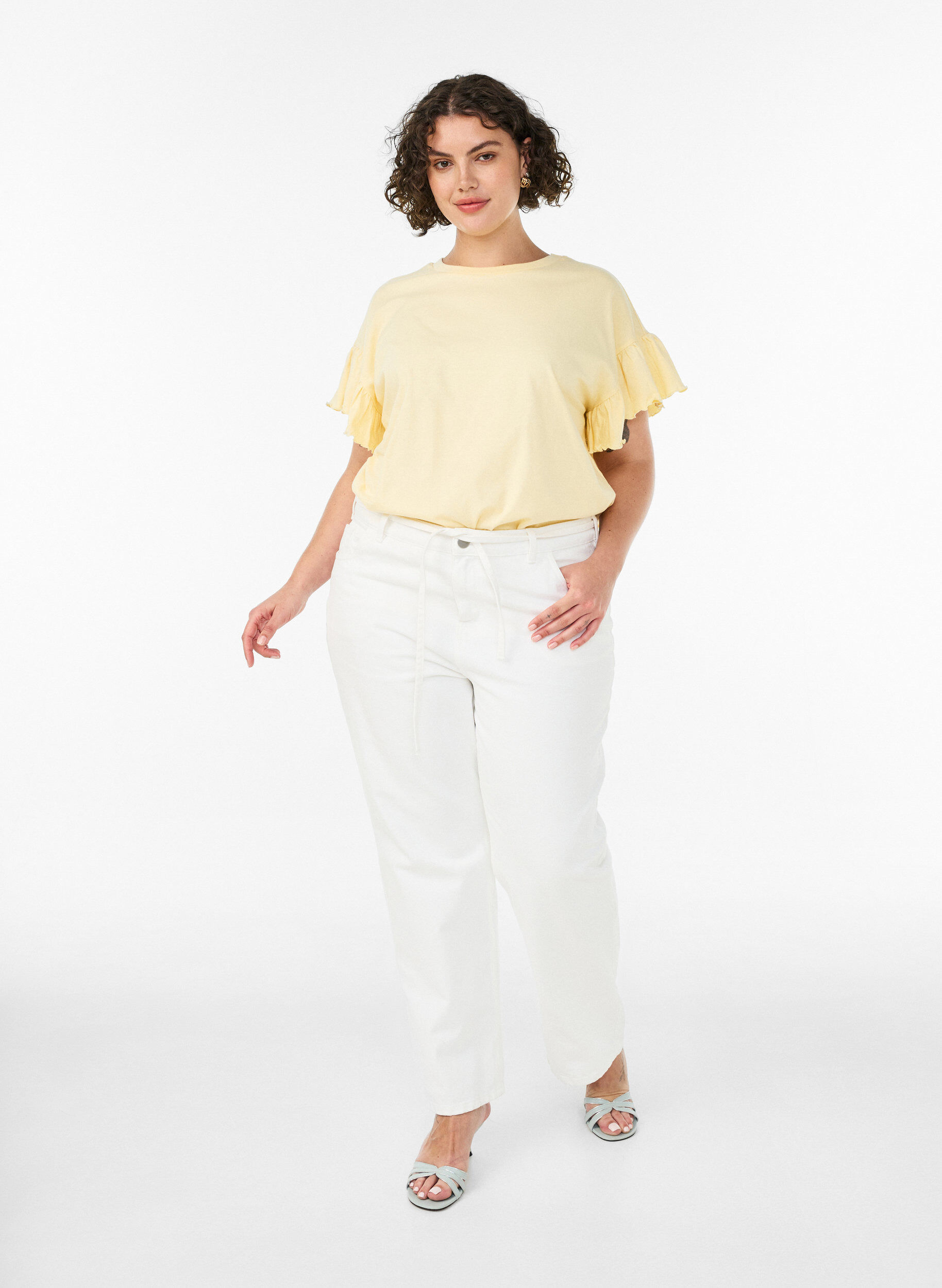 ZizziT-Shirt aus Bio-Baumwolle mit R&uuml;schen&auml;rmeln, Gelb, Model image number 1