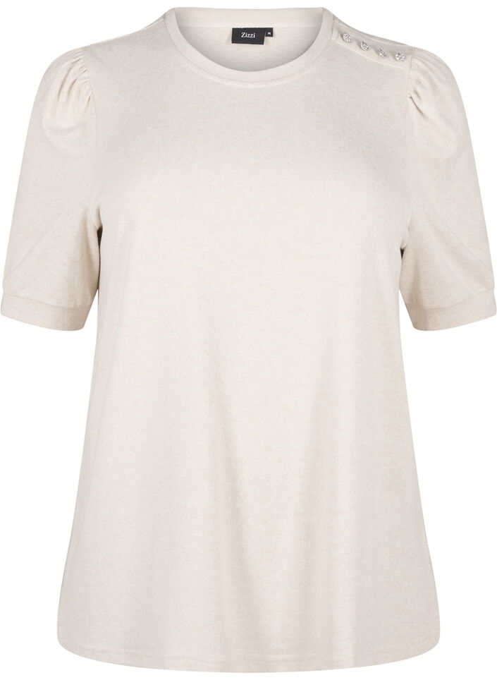 Bluse mit Knopfdetail und kurzen Puffärmeln, Beige, Packshot image number 0