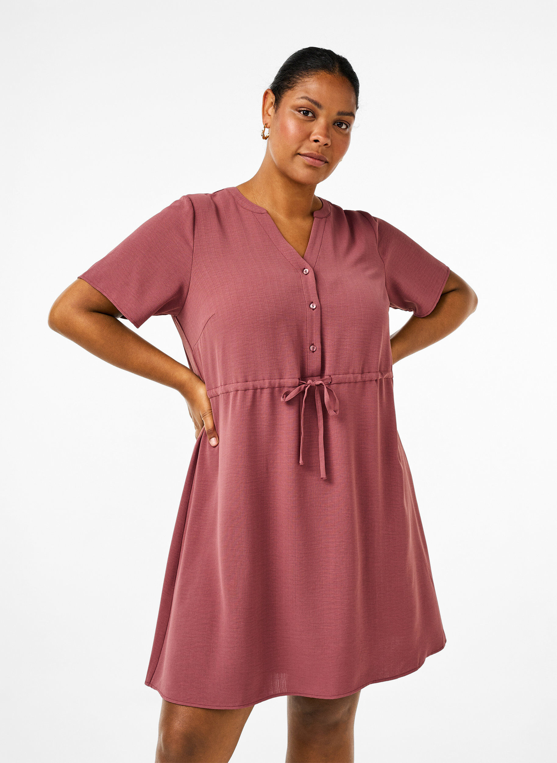 Zizzi Kurz&auml;rmliges Kleid mit Bindeband an der Taille, Rose Brown, Model image number 0