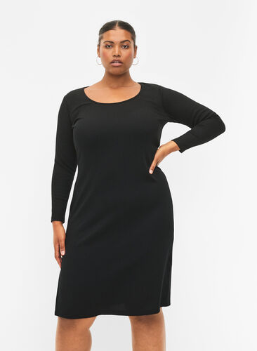 Enganliegendes Kleid mit langen Ärmel und Schlitz, Black, Model image number 0