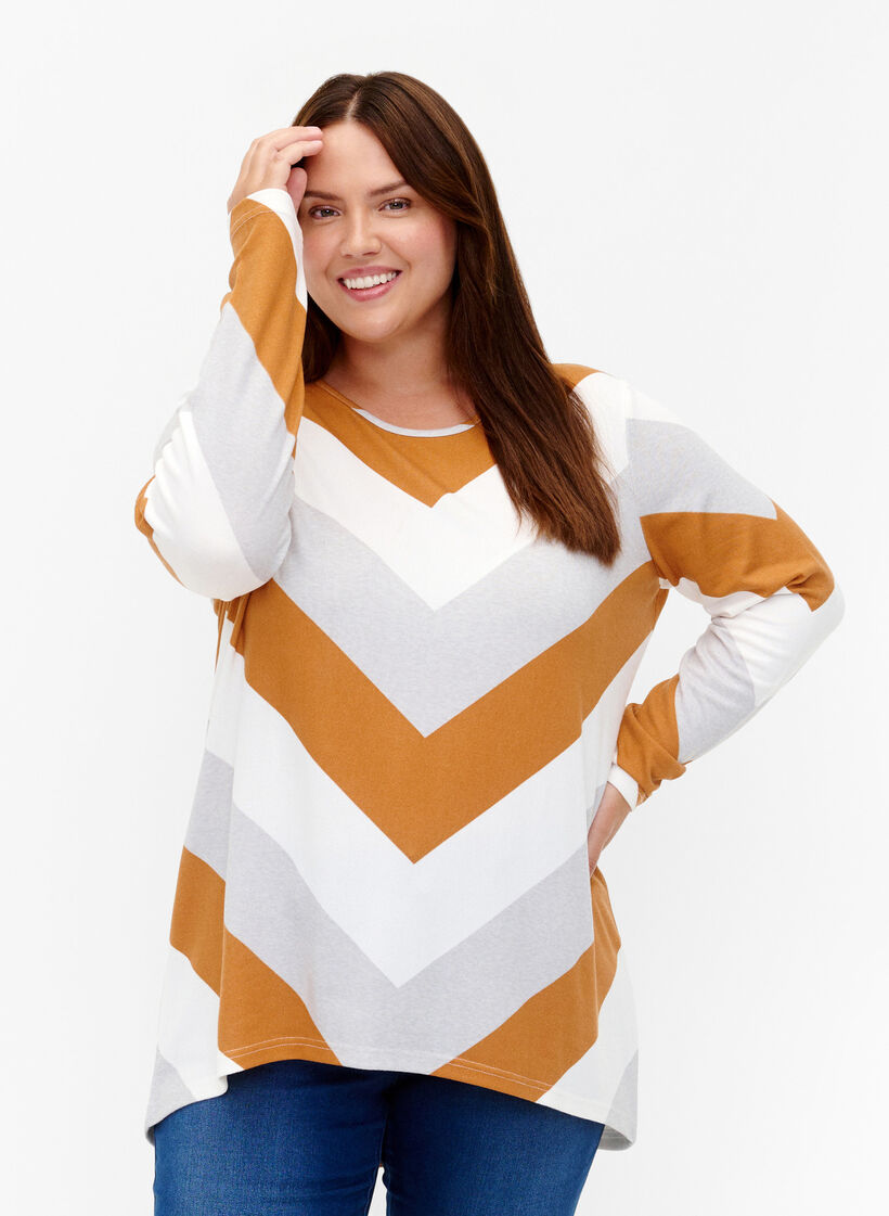 Gemusterte Bluse mit langen Ärmeln, Beige Zig Zag, Model image number 0