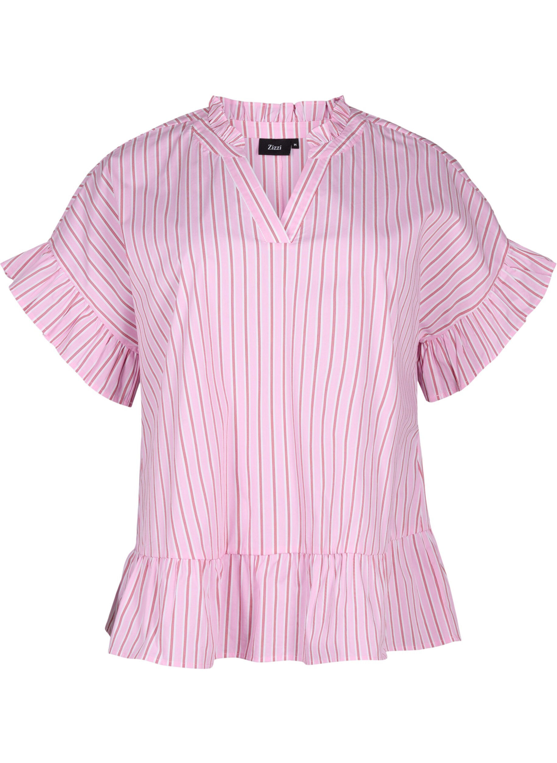 Zizzi Gestreifte Bluse mit Sch&ouml;&szlig;chen- und R&uuml;schendetails, Pink Red Stripe, Packshot image number 0