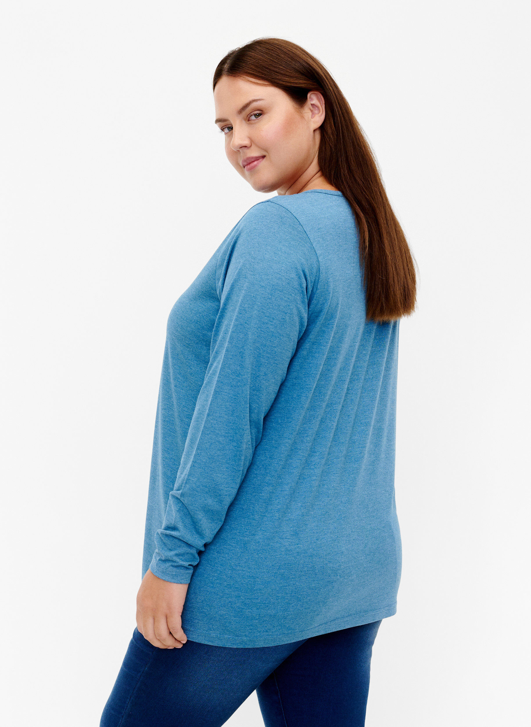 Zizzi Melange-Bluse mit langen &Auml;rmeln, Legion Blue Mel., Model image number 1