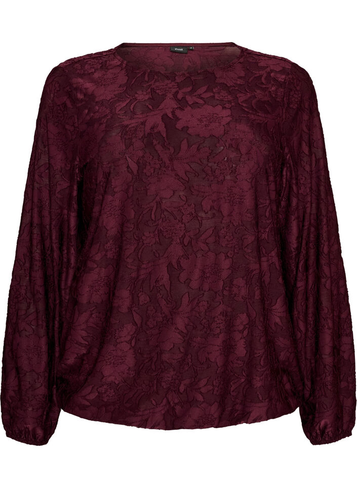 Transparente Bluse mit floraler Struktur und langen &Auml;rmeln, Rot, Packshot image number 0