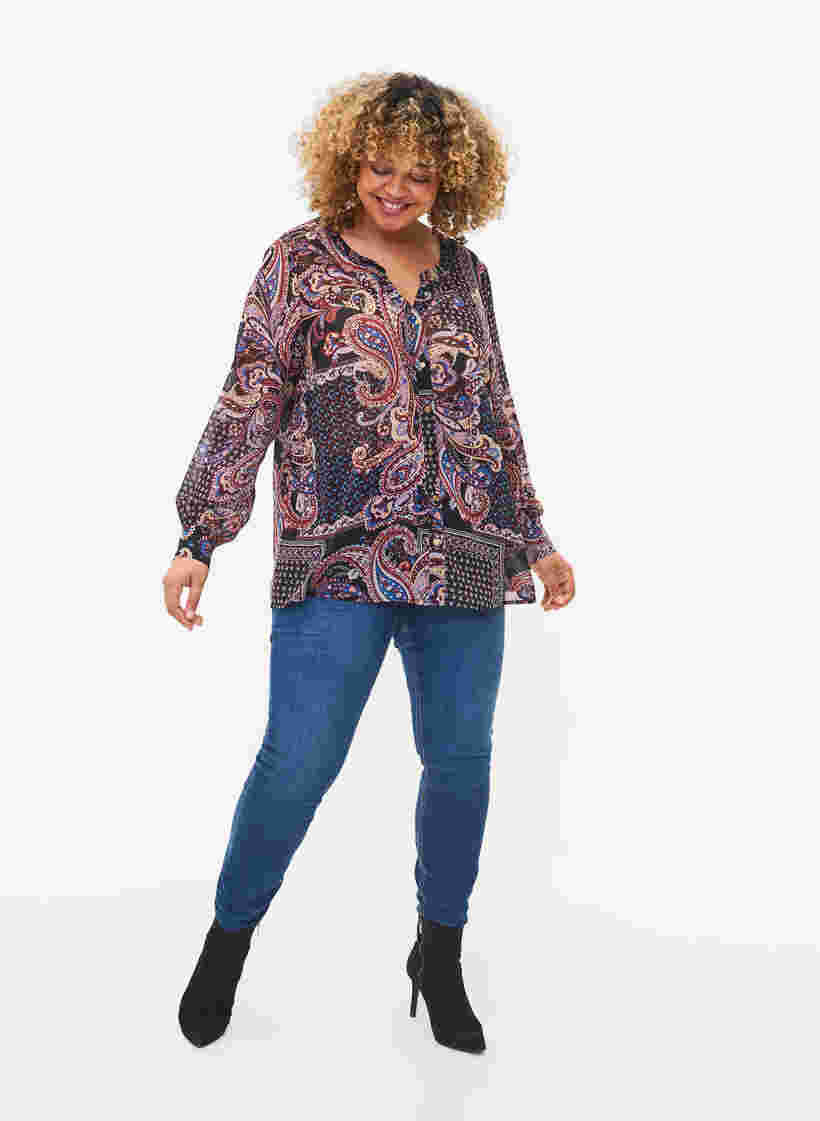 Hemdbluse mit V-Ausschnitt und Print, Black/Brown Paisley, Model image number 2