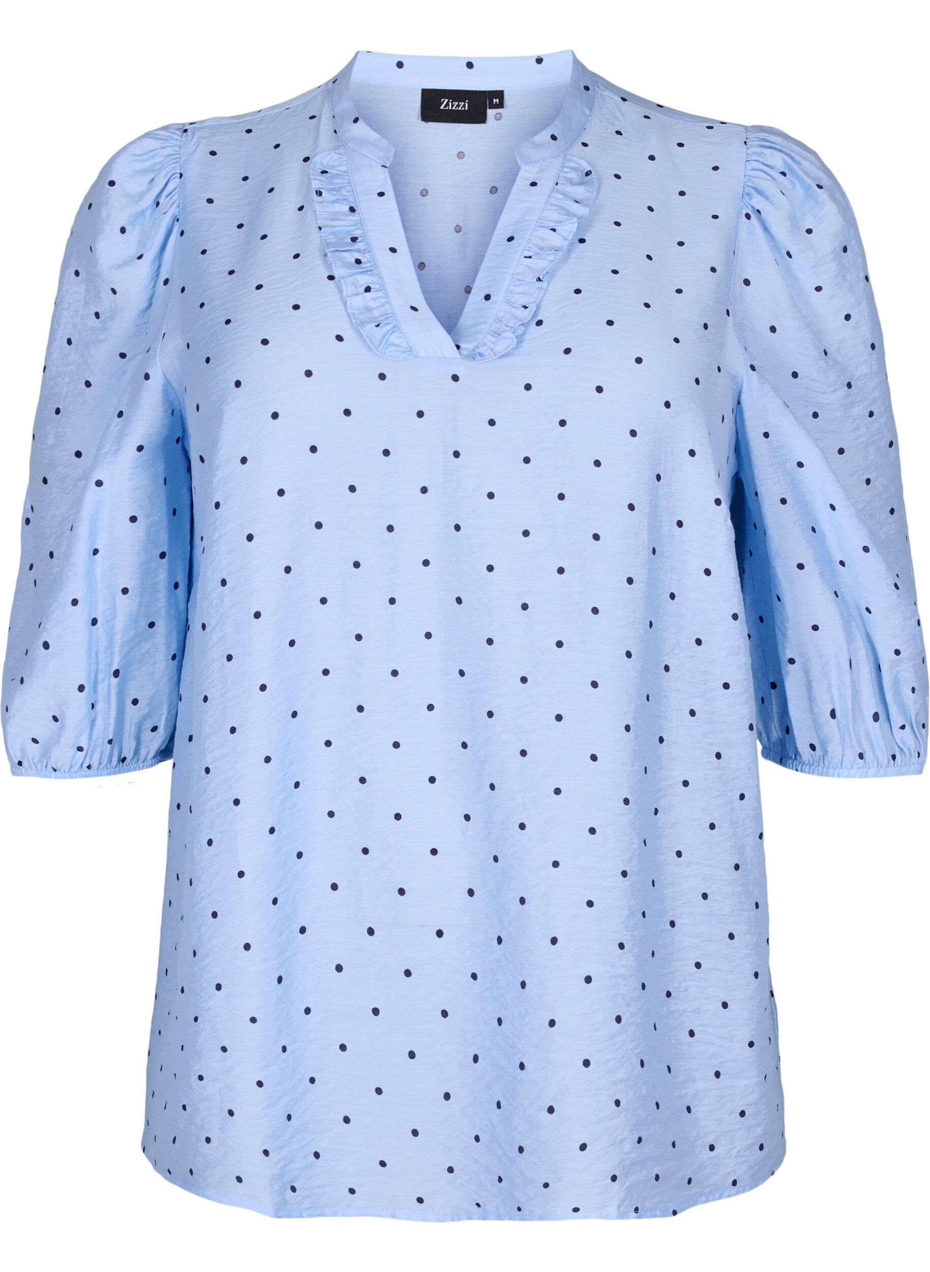 Zizzi Punktebluse mit 3/4-&Auml;rmeln aus Viskose, Light Blue Dot, Packshot image number 0