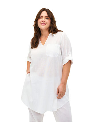 Tunika mit kurzen Ärmeln aus Baumwollgemisch mit Leinen, Bright White, Model image number 0