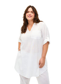 Tunika mit kurzen Ärmeln aus Baumwollgemisch mit Leinen, Bright White, Model