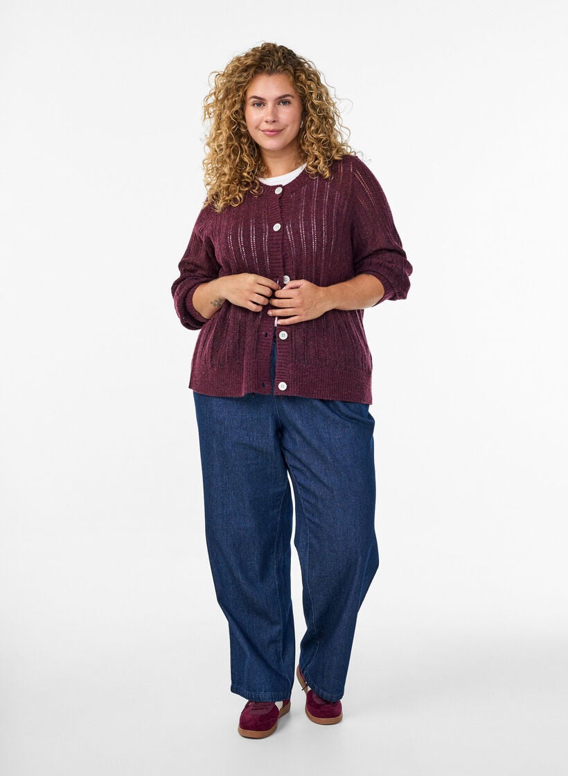 Gestrickter Cardigan mit Lochmuster, Dunkles Bordeaux, Model image number 1