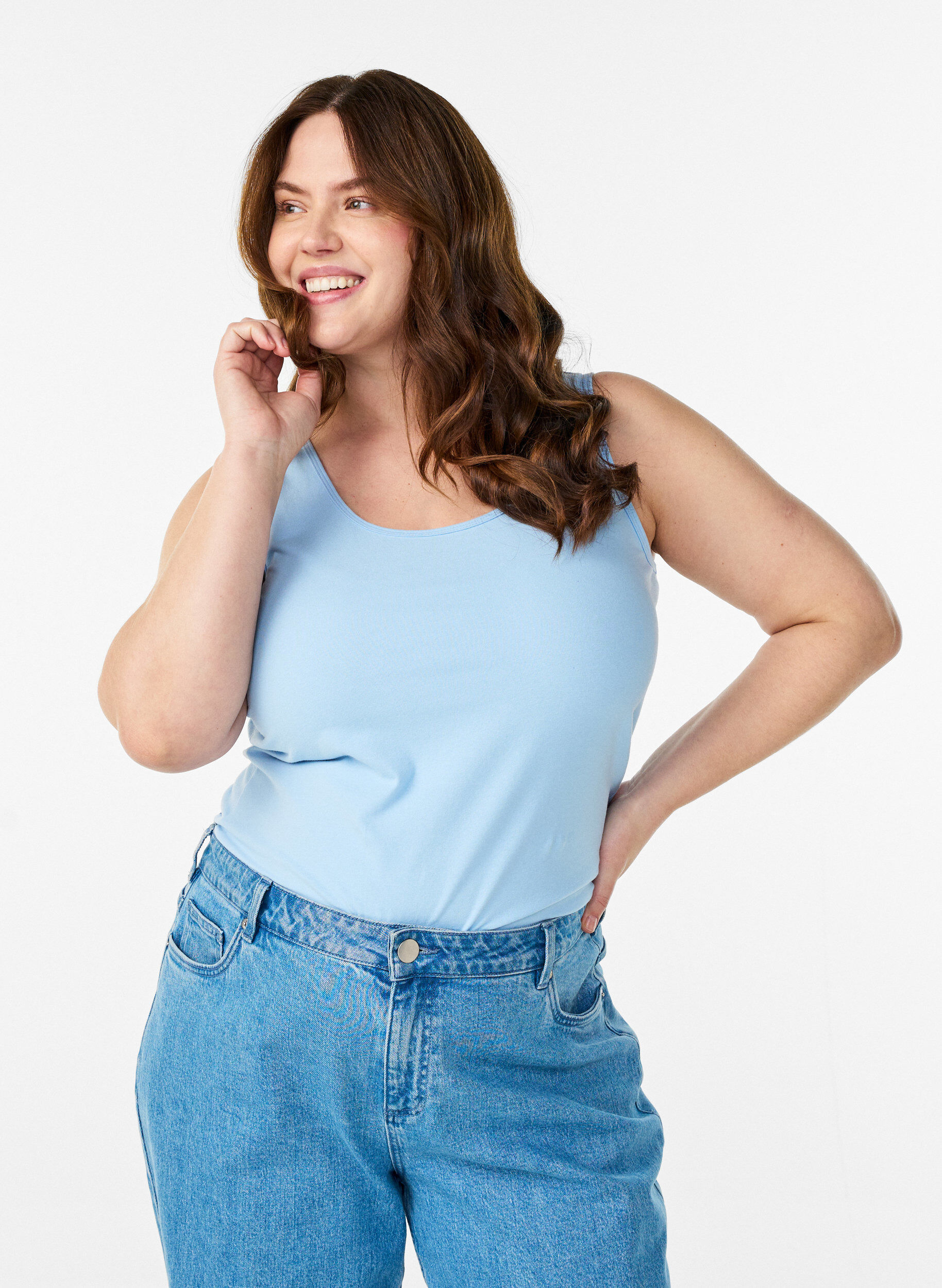 Einfarbiges Basic Top aus Baumwolle, Blau, Model