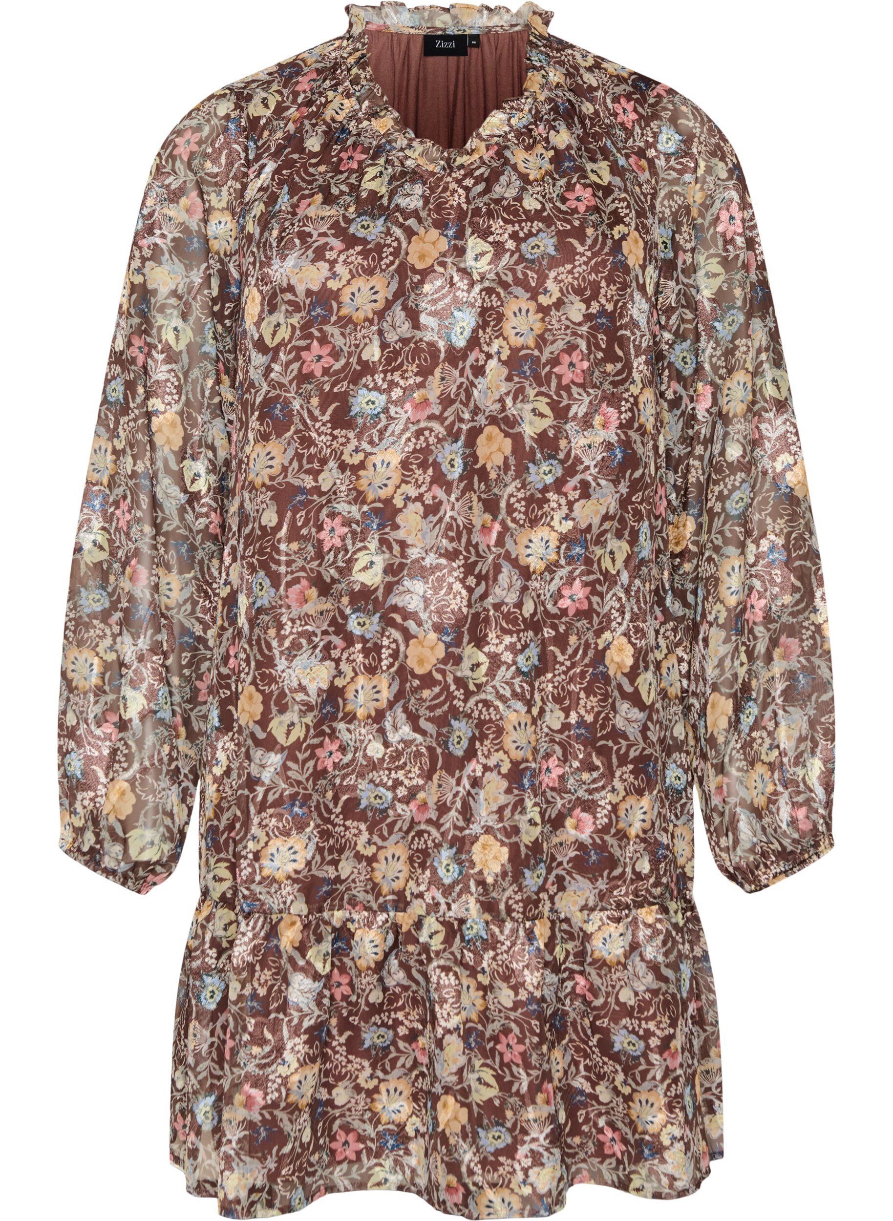 ZizziKleid aus Chiffon mit gebl&uuml;mtem Print und R&uuml;schenlagen, Braun, Packshot image number 0