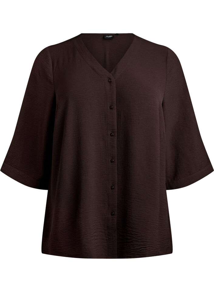 Bluse mit V-Ausschnitt und 3/4-&Auml;rmeln, Braun, Packshot image number 0