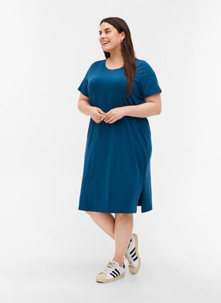 Kurzarm Kleid aus Baumwolle mit Schlitz, Majolica Blue, Model image number 2