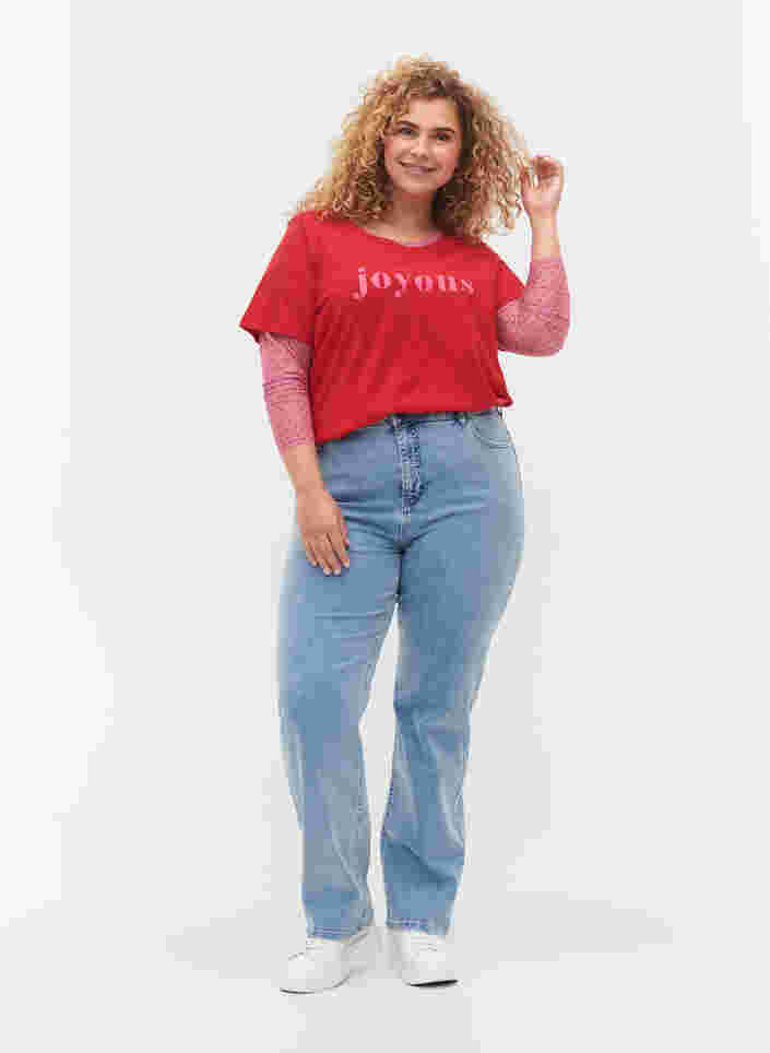 Kurzärmeliges Baumwoll-T-Shirt mit Textdruck, Chinese Red, Model image number 2