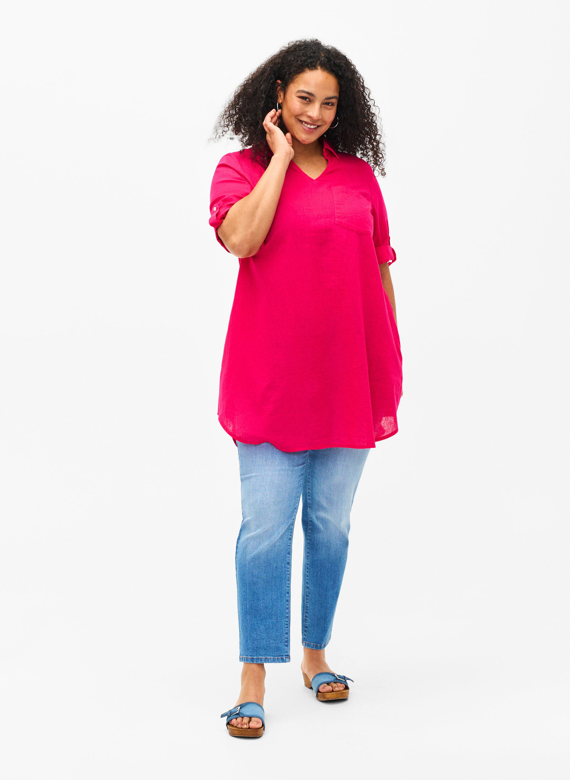 Zizzi Tunika mit kurzen &Auml;rmeln aus Baumwollgemisch mit Leinen, Bright Rose, Model image number 2