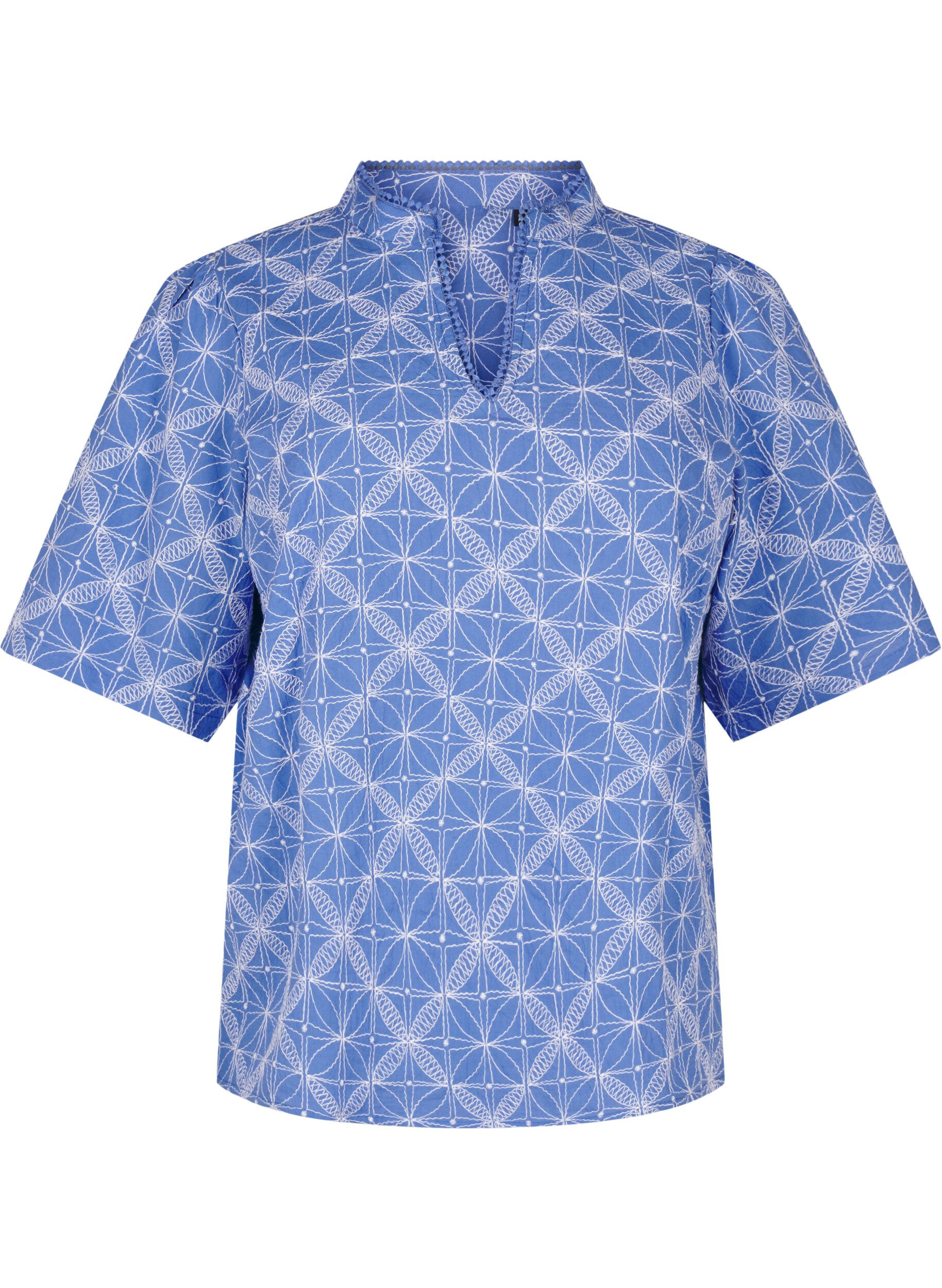 Zizzi Bluse mit kurzen &Auml;rmeln und aufgesticktem Muster, Blau, Packshot image number 0