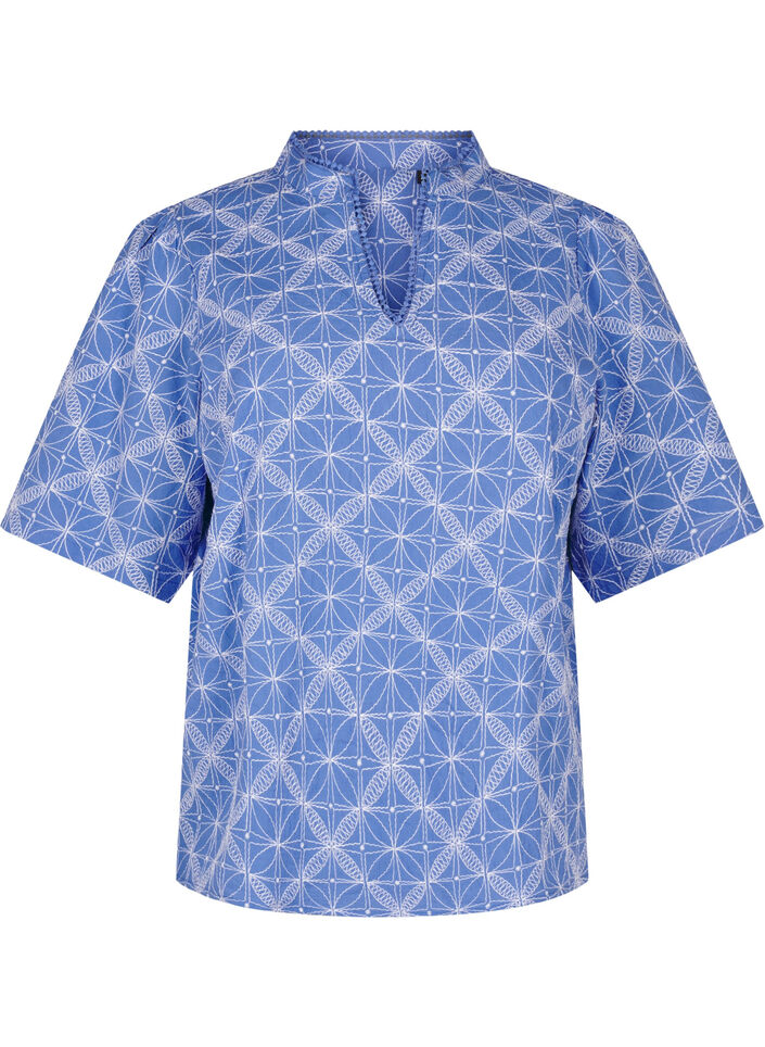 Bluse mit kurzen Ärmeln und aufgesticktem Muster, Blau, Packshot image number 0