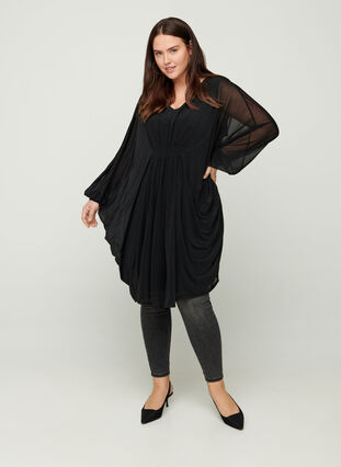 Langarm Kleid mit V-Ausschnitt und Smock, Black, Model image number 2