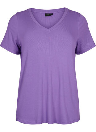 Geripptes T-Shirt aus Viskose mit V-Ausschnitt., Deep Lavender, Packshot image number 0