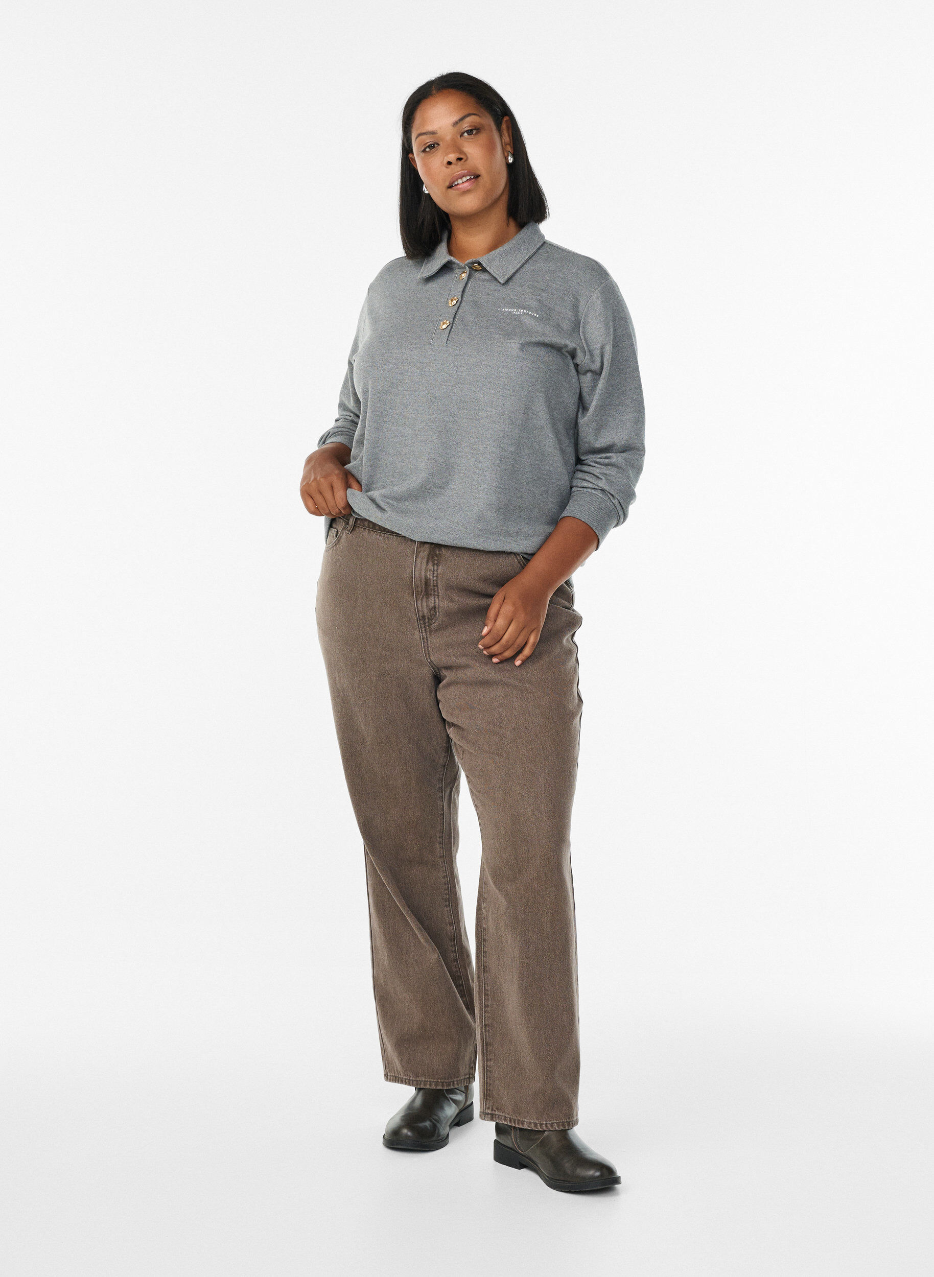 Zizzi Sweat-Polohemd mit Zierkn&ouml;pfen, Grau, Model image number 1