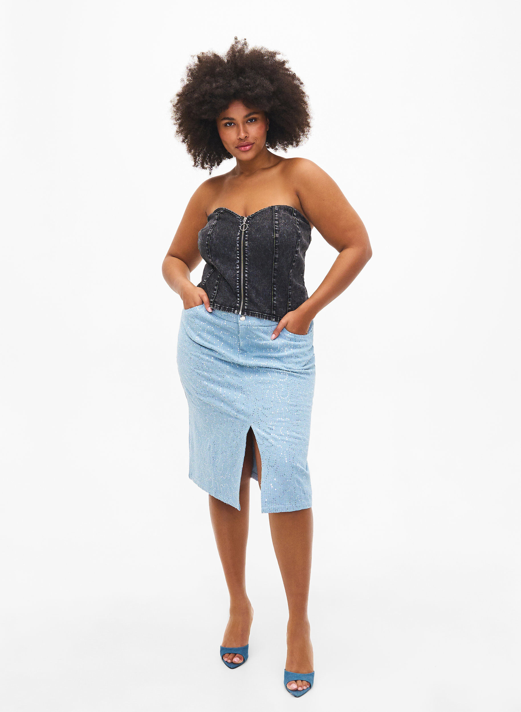 Zizzi Denim Korsett Top mit Rei&szlig;verschluss, Black, Model image number 2