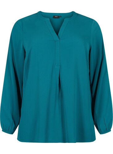 Unifarbene Bluse mit V-Ausschnitt, Deep Teal, Packshot image number 0
