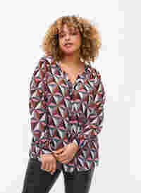 Hemdbluse mit V-Ausschnitt und Print, Graphic Pink, Model
