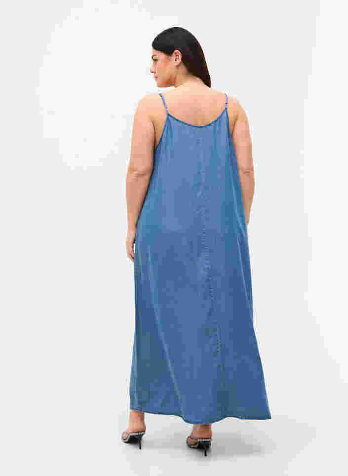 Langes Denim Kleid mit schmalen Trägern, Dark blue denim, Model image number 1