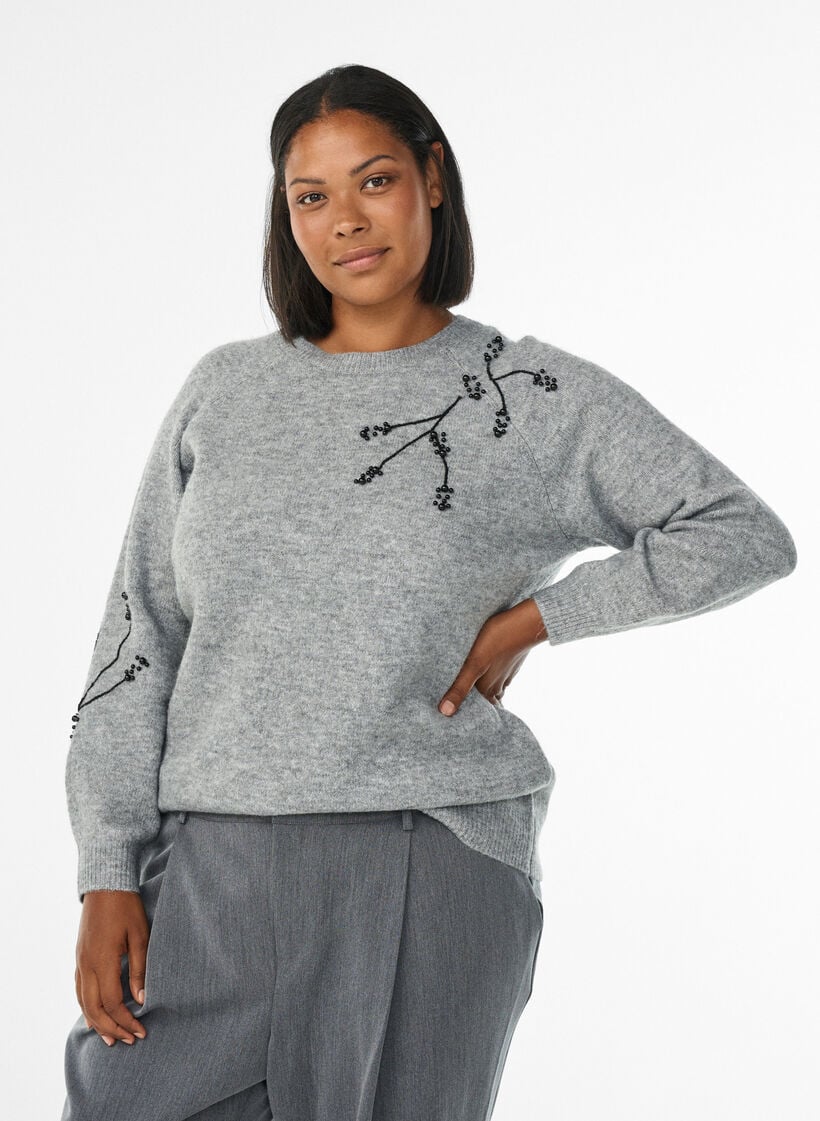 Pullover mit Perlenstickerei, Grau, Model image number 0