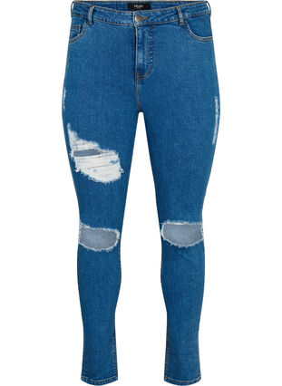 Eng anliegende Jeans mit Schlitzen, Blue denim, Packshot image number 0