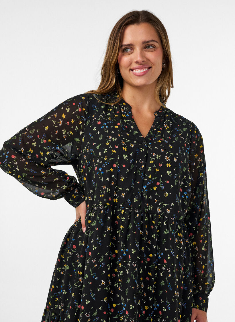 Kleid mit Allover-Muster und einer Volantlage, Schwarz, Model image number 2