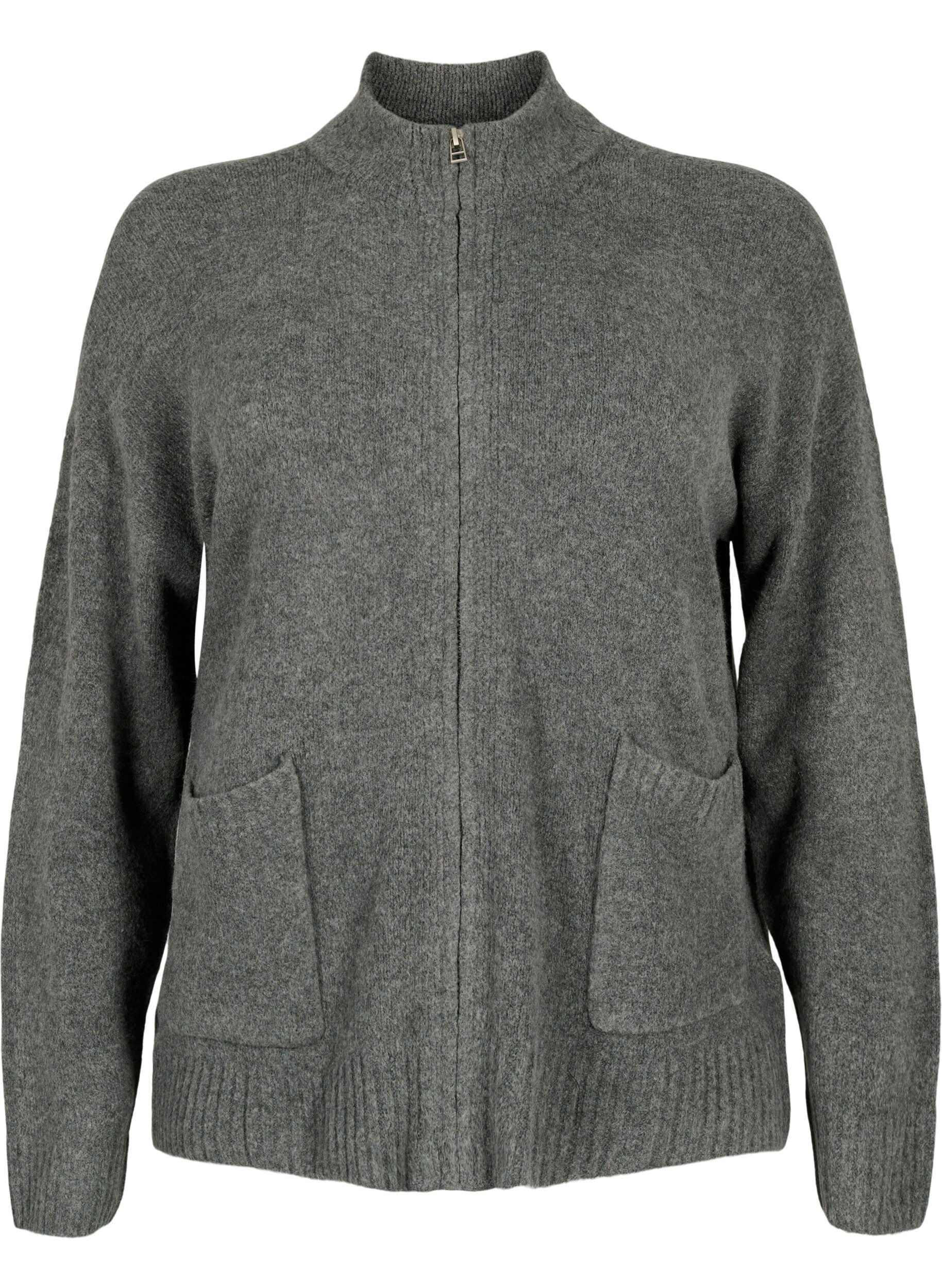 Zizzi Strickjacke mit Rei&szlig;verschluss und Taschen, Dark Grey Melange, Packshot image number 0
