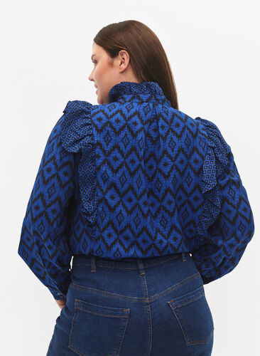 Shirtbluse aus Viskose mit Rüschendetails, True blue w. Black, Model image number 1