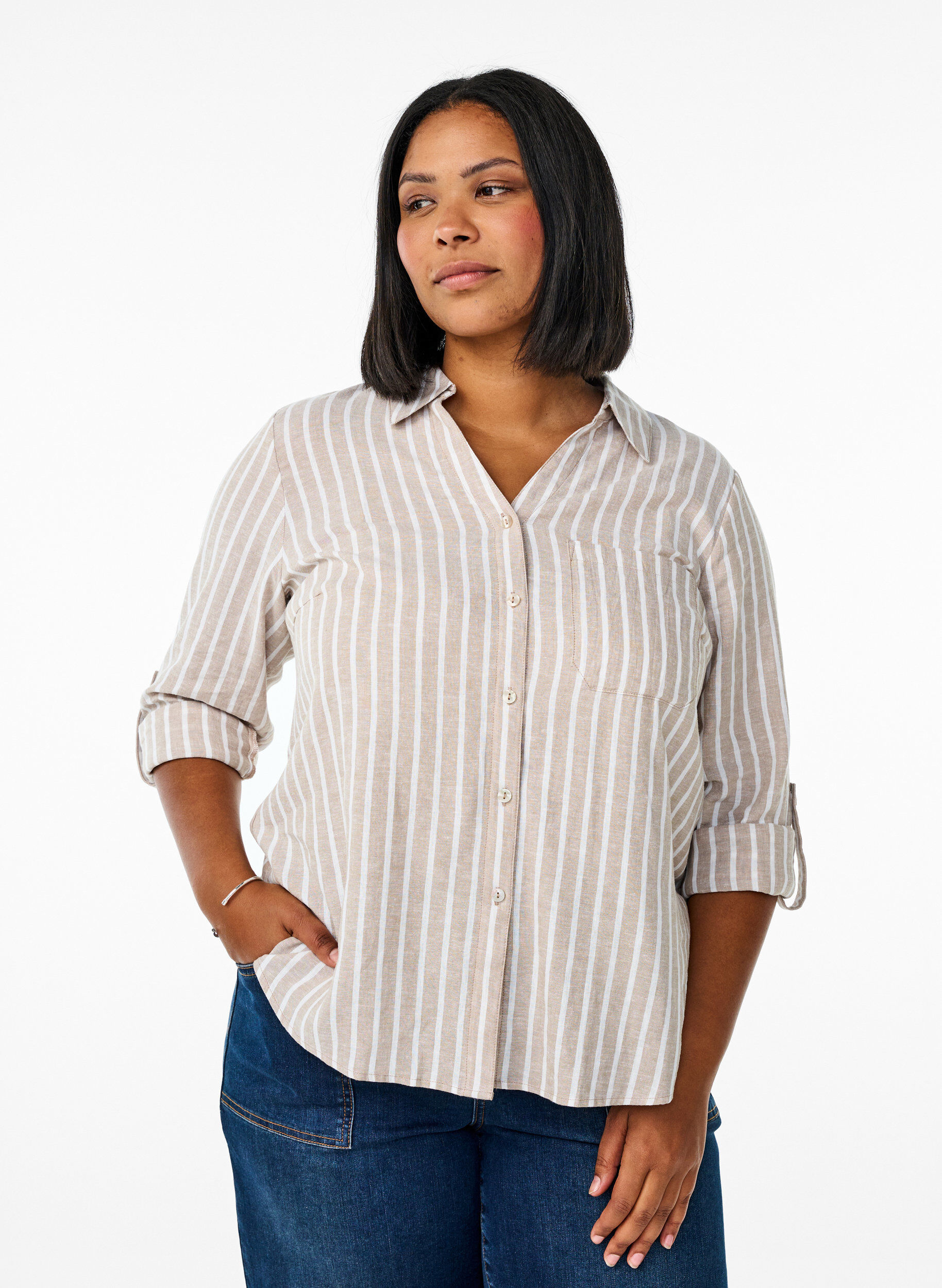 Bluse aus Leinen und Viskose mit 3/4-&Auml;rmeln, Beige, Model