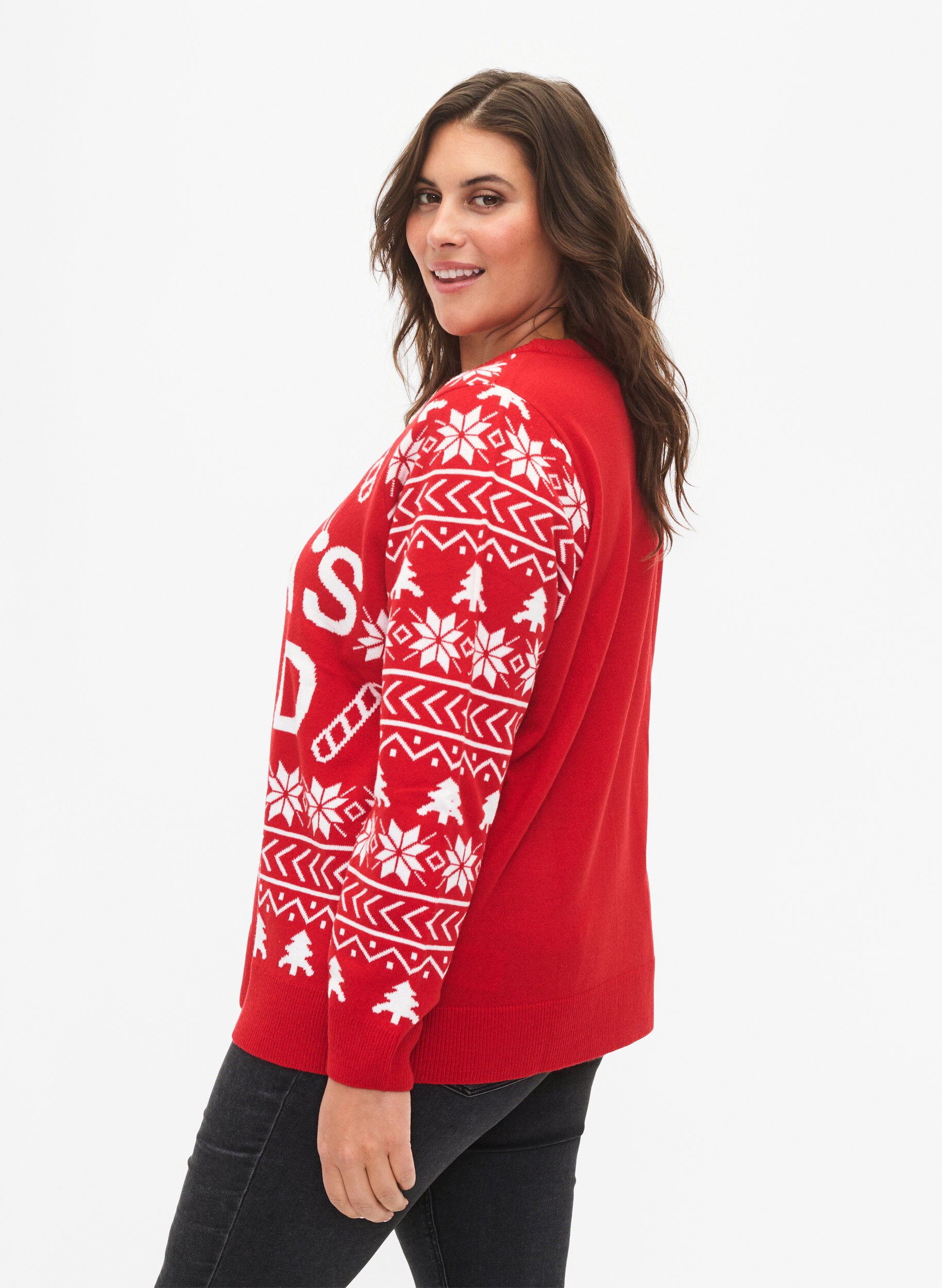 Zizzi Pullover mit Weihnachtsmuster, Tango Red, Model image number 1