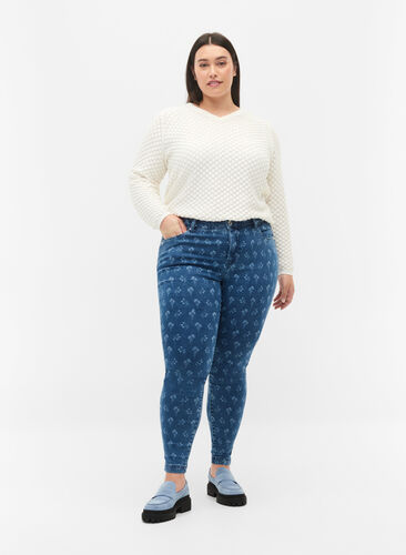 Super Slim Amy Jeans mit Blumendruck, Blue denim, Model image number 0