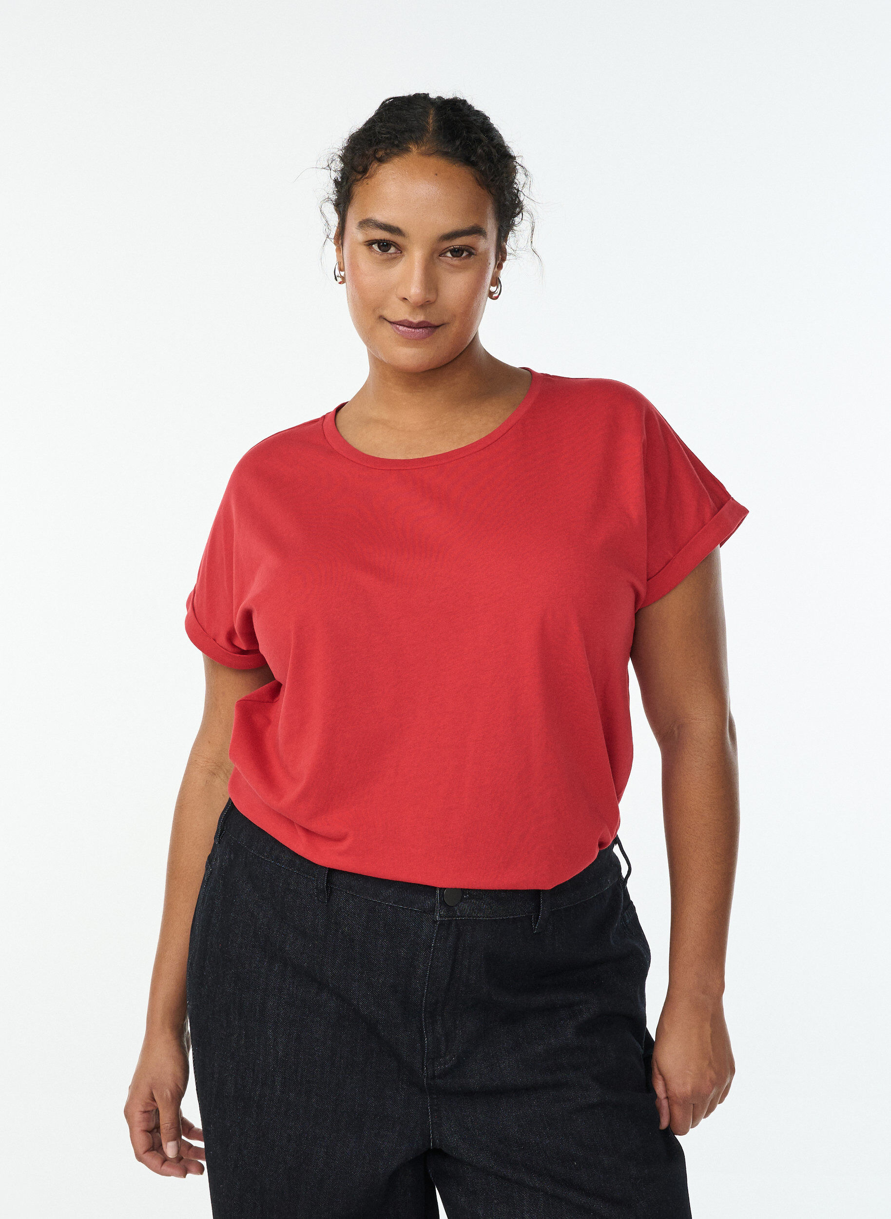 Zizzi Kurz&auml;rmeliges T-Shirt aus einer Baumwollmischung, Rot, Model image number 0
