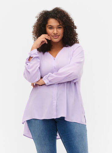 Langärmeliges Hemd mit V-Ausschnitt., Purple Rose, Model image number 0