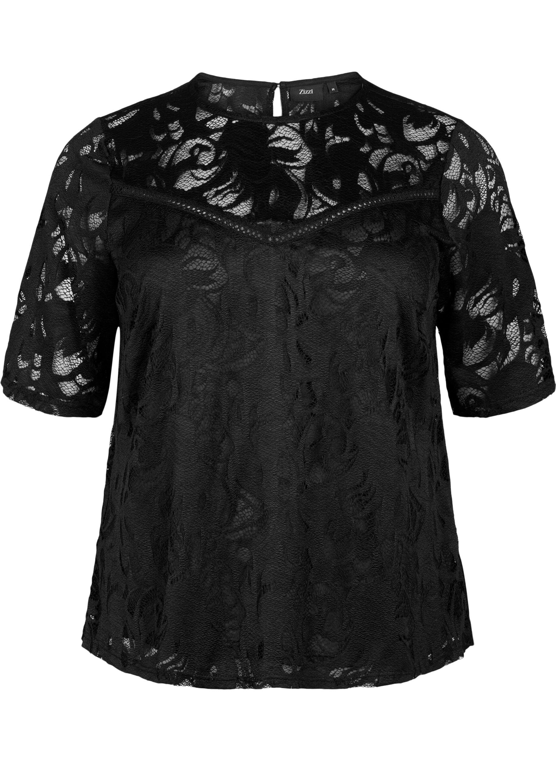 Zizzi Bluse mit Spitze und kurzen &Auml;rmeln, Black, Packshot image number 0
