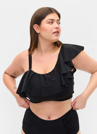 One-Shoulder Bikinitop mit Rüschen, Black, Model image number 0