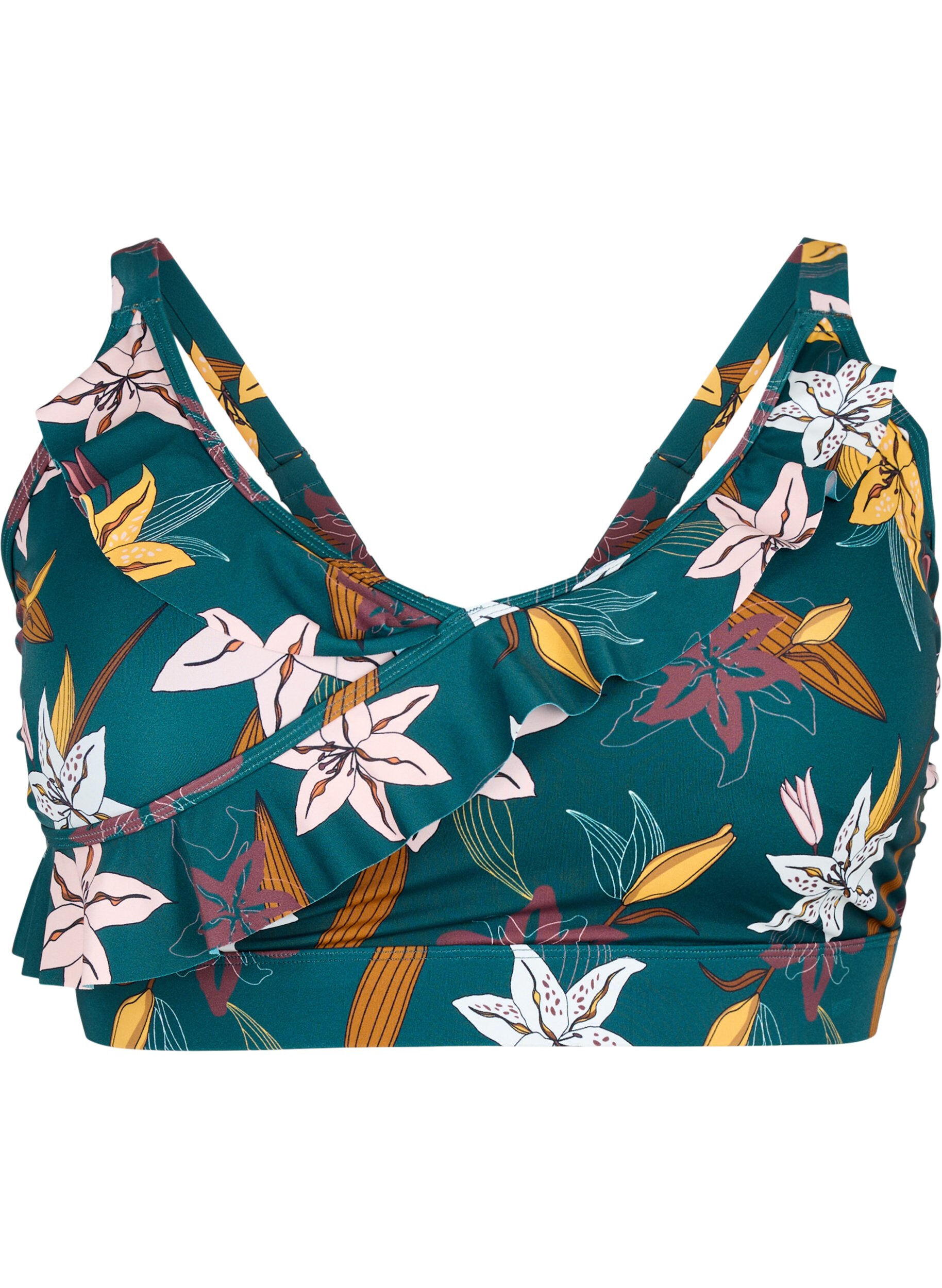 ZizziBikini-Top mit R&uuml;schendetails und Blumenprint, Gr&uuml;n, Packshot image number 0