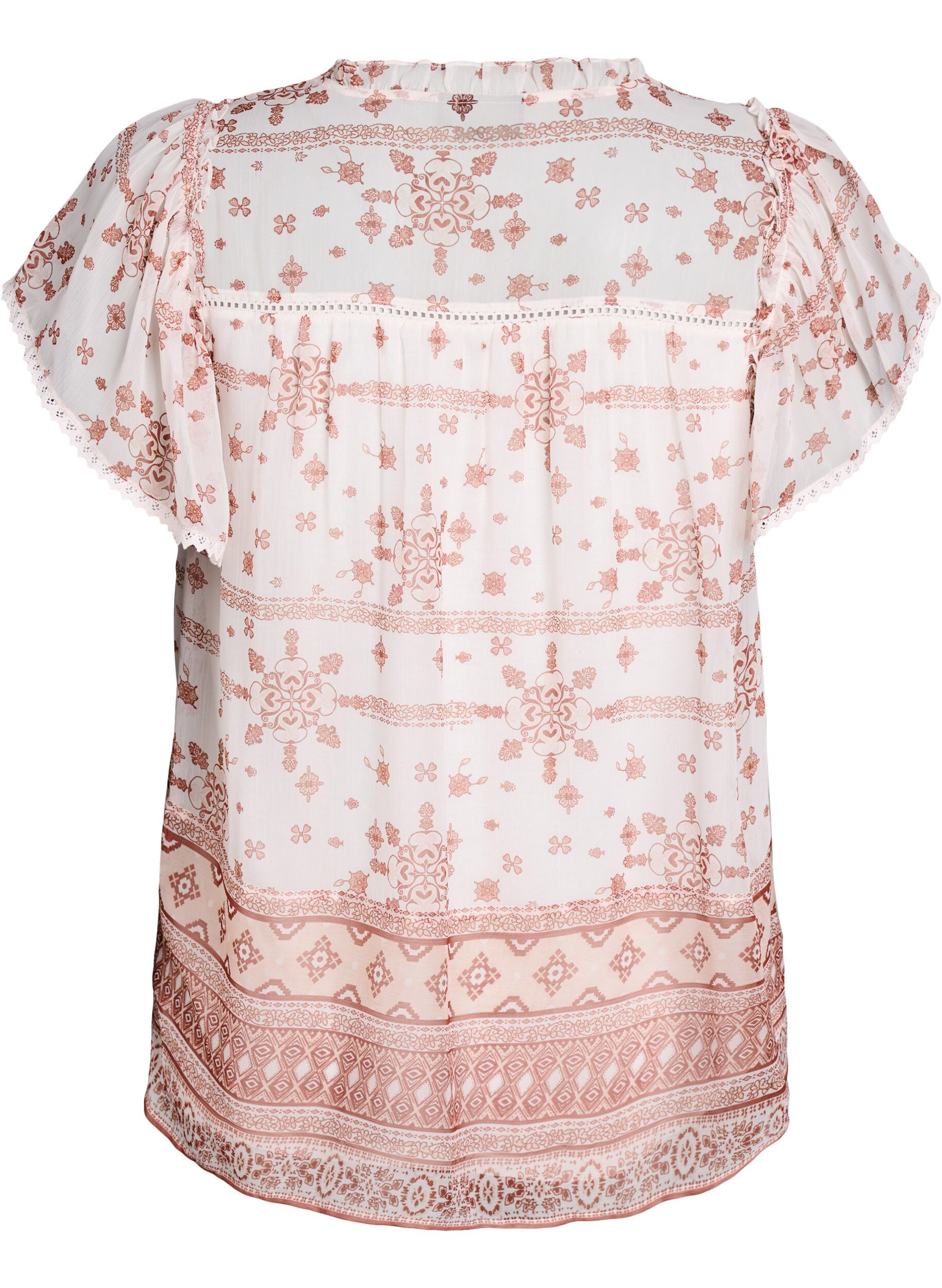 Zizzi Gemusterte Bluse mit R&uuml;schendetail und kurzen &Auml;rmeln, Vanille, Packshot image number 1