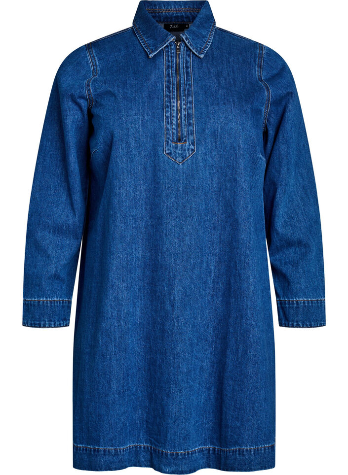 Kurzes Jeanskleid mit Reißverschluss und Kragen, Blau, Packshot image number 0