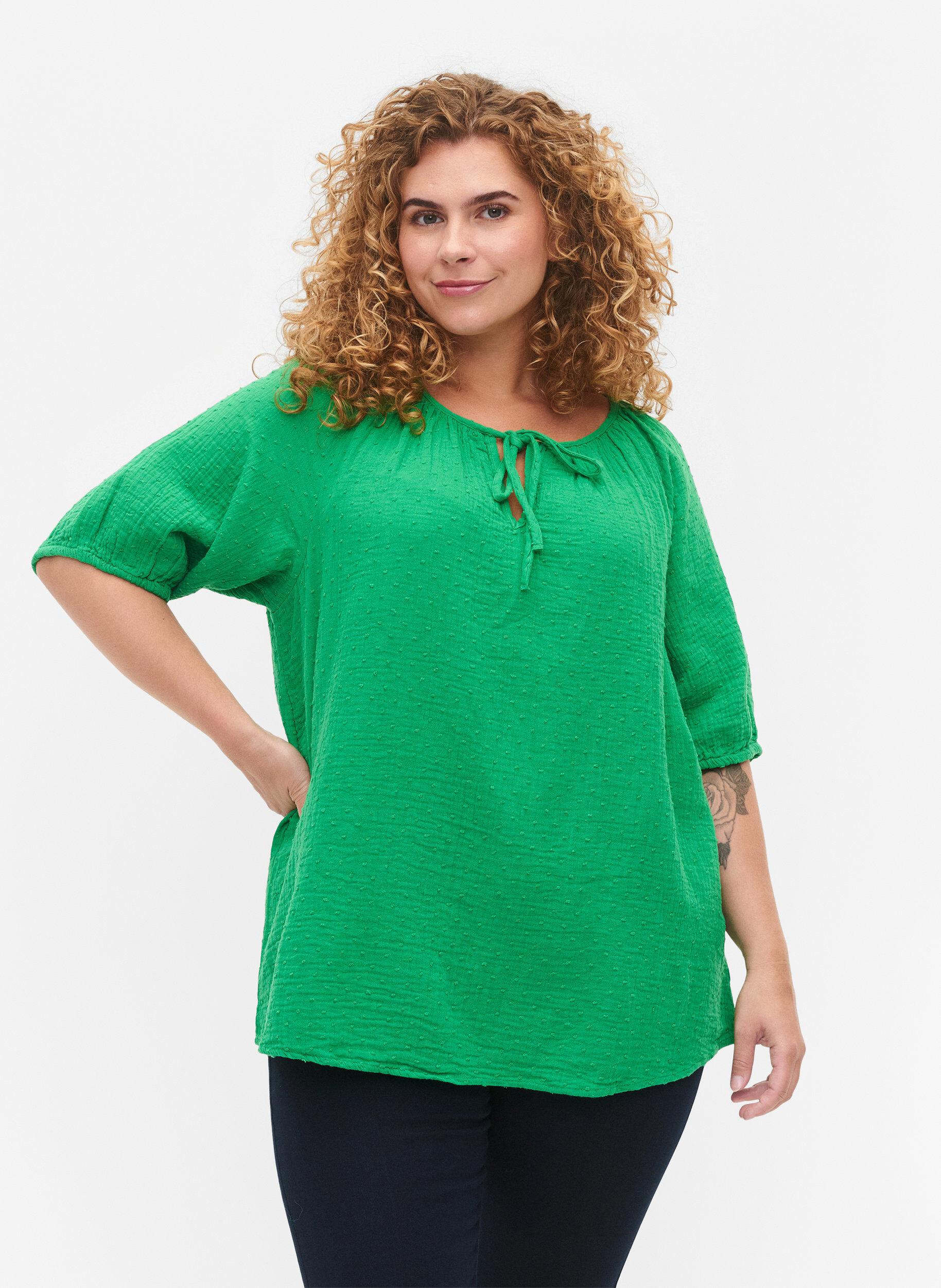 Zizzi Baumwollbluse mit 1/2 &Auml;rmeln, Bright Green, Model image number 0