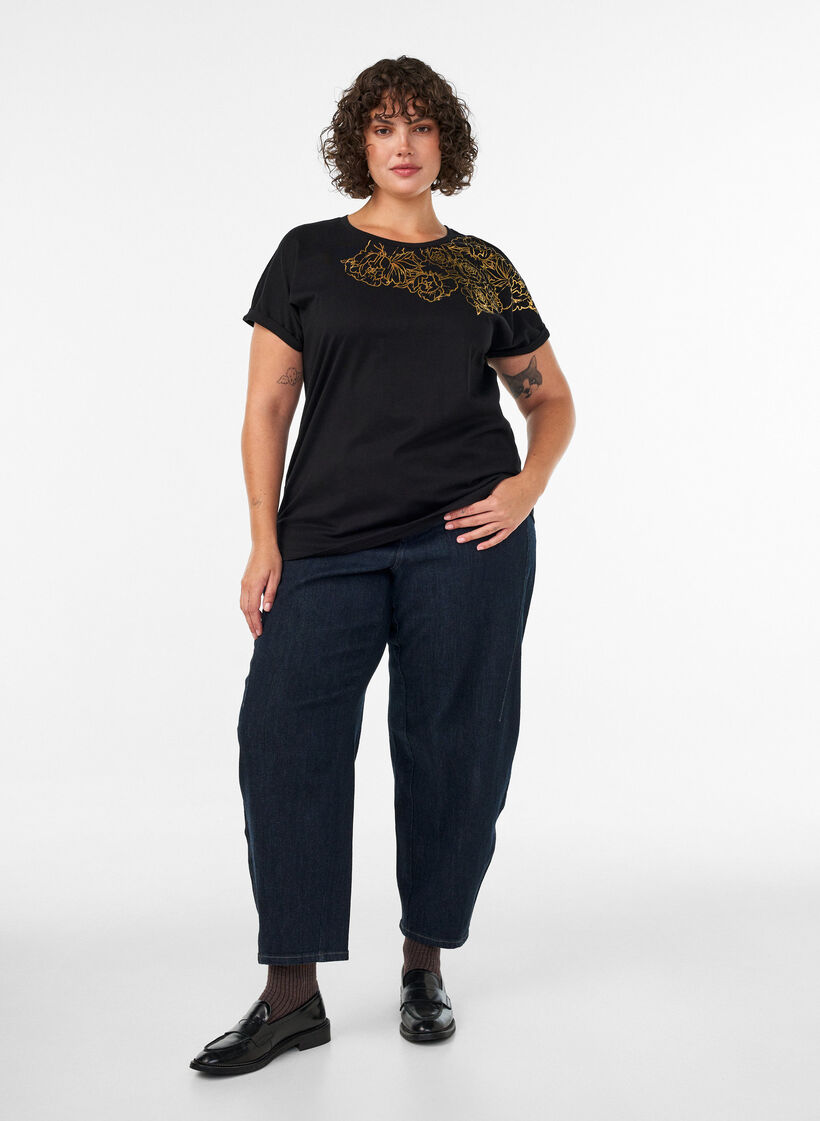 T-Shirt aus Baumwolle mit Blumenprint, Schwarz, Model image number 1