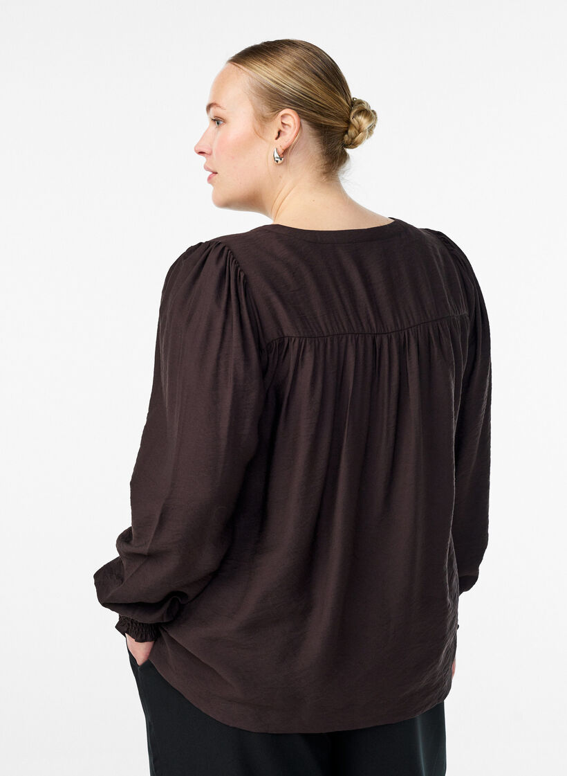 Viskose-Bluse mit Puff&auml;rmeln und gerafften Details, Braun, Model image number 2